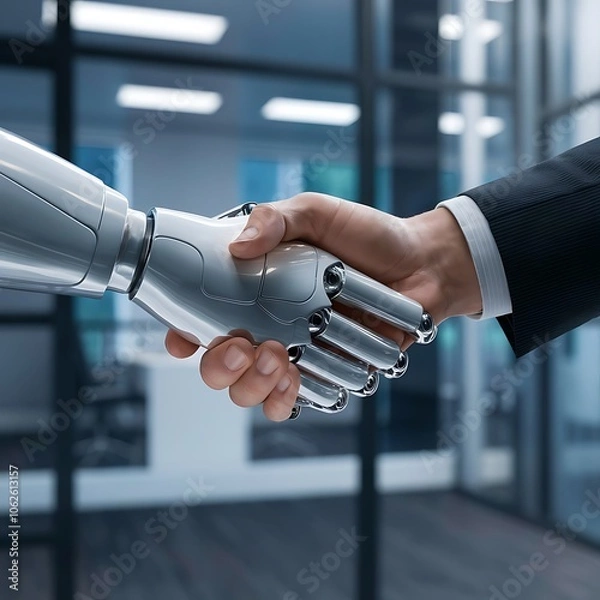 Fototapeta A man shaking hands with a robot that handshake