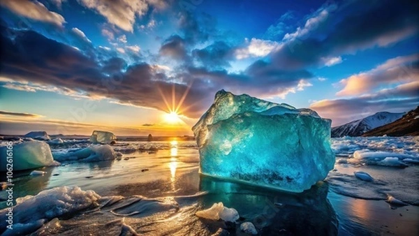 Fototapeta Turquoise Ice Sunset Portrait Photography, Stunning Ice Block, Dramatic Sky