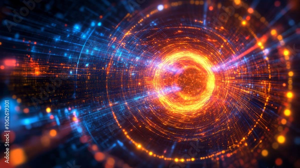 Fototapeta Abstract Futuristic Tunnel: Neon Lights and Data Streams