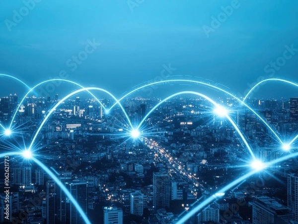 Fototapeta Night skyline view showcasing digital connections and network lines illuminating the modern cityscape with a futuristic vibe.