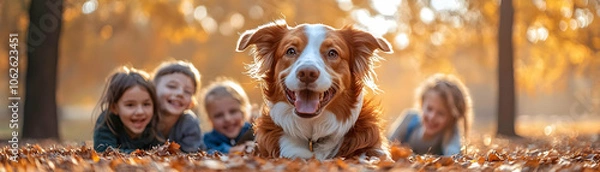 Fototapeta Therapy Dog Playing with Children Outdoors High Resolution Glossy Image - Pet Therapy Moments Captured with Joy and Energy in an Outdoor Setting, Perfect Copy Space for Additional Text