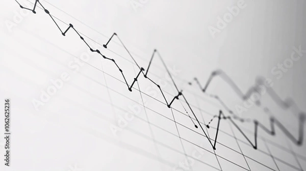 Obraz black and white closeup stock chart graphic of fluctuating lines and data points on a grid