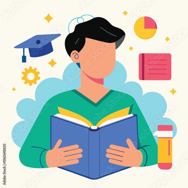 Obraz A boy holding book and reading flat illustration