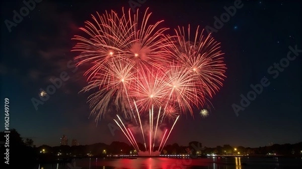 Fototapeta A stunning aerial view of a city skyline at night, illuminated by a spectacular burst of vibrant red fireworks
