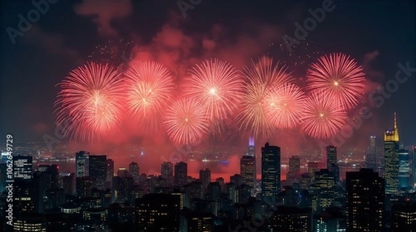 Fototapeta A stunning aerial view of a city skyline at night, illuminated by a spectacular burst of vibrant red fireworks
