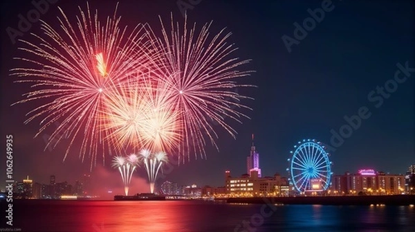 Fototapeta A stunning aerial view of a city skyline at night, illuminated by a spectacular burst of vibrant red fireworks