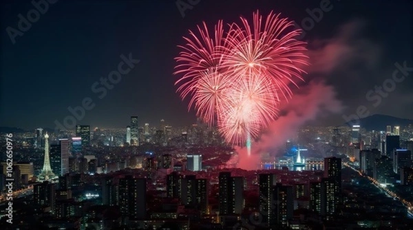 Fototapeta A stunning aerial view of a city skyline at night, illuminated by a spectacular burst of vibrant red fireworks