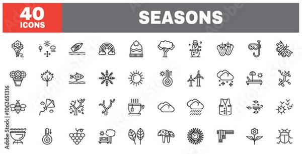 Fototapeta Set of 40 line icons seasons. Outline icon collection. Editable stroke. Vector illustration.