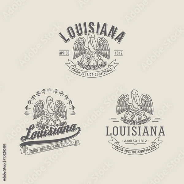 Obraz Луизиана штат Америки, стилизованные эмблемы на светлом фоне
