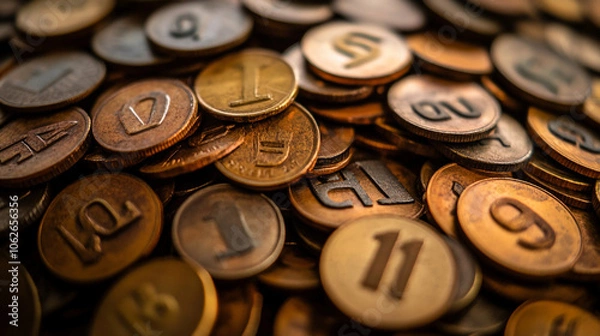 Fototapeta A collection of various coins scattered on a surface showcasing different denominations and designs