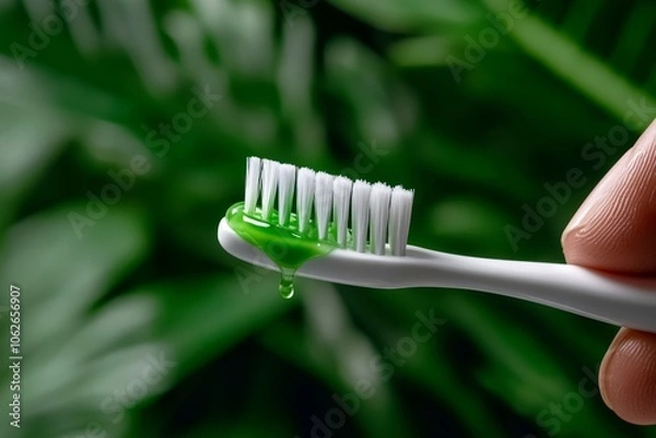Fototapeta Close-up of toothpaste being squeezed onto a toothbrush, capturing the routine and refreshing start to the day, symbolizing freshness and habit