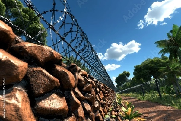 Fototapeta Digital 3D scene of a prison yard with high walls and barbed wire, capturing the stark and secure environment of a prison exterior, symbolizing control and strength