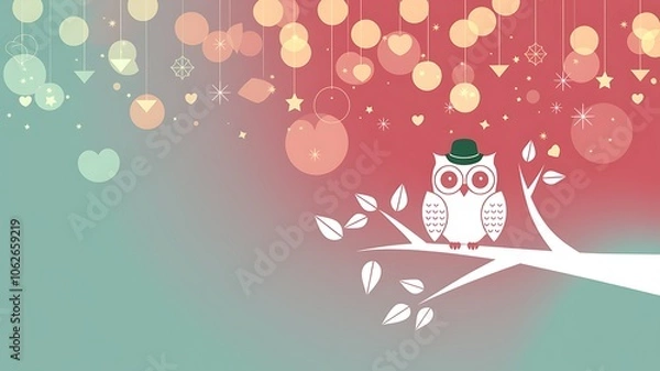 Fototapeta Owl in a Hat Perched on a Branch with a Festive Background