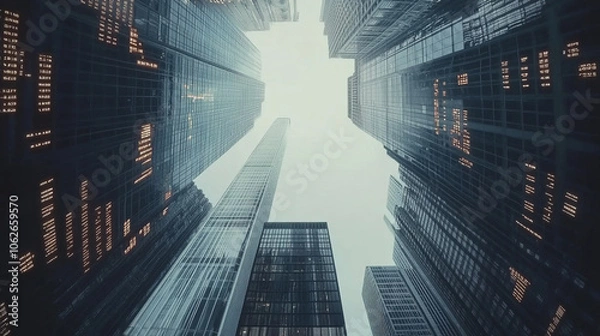 Fototapeta Looking up at modern skyscrapers in an urban setting during a cloudy day
