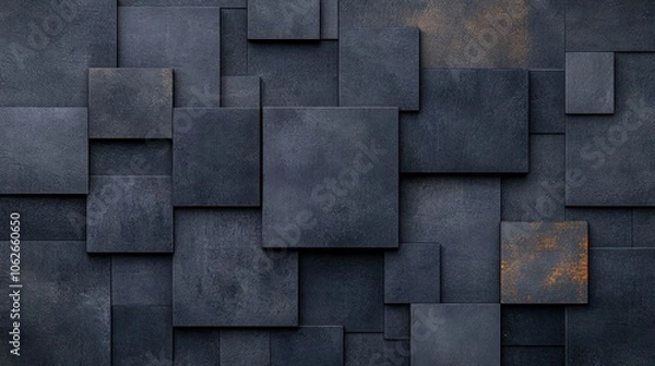 Fototapeta Geometric Anthracite Wall: Abstract Dark Texture with Squares and Rectangles - Banner Illustration