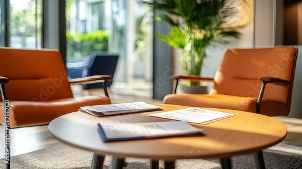 Fototapeta A modern living space featuring two orange chairs and a round wooden table with magazines, highlighted by natural light and greenery.