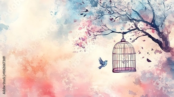 Fototapeta Watercolor Artistic using soft, brushy watercolor strokes, Soft Color, Single object picture - a pastel-colored birdcage hanging from a tree