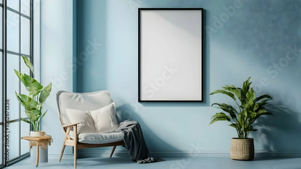 Fototapeta A large black-framed blank canvas above a bed with neutral bedding, adding simplicity and elegance to the bedroom decor