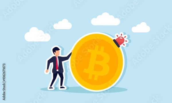 Fototapeta A businessman standing next to bitcoin with an alarm light, illustration of alertness regarding the progress of bitcoin investment asset performance