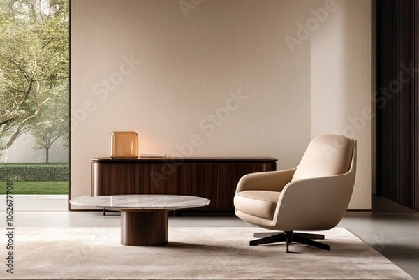 Fototapeta Contemporary Living: Wooden Sideboard, Armchair, and Marble Coffee Table on Rug in Modern Interior Design - 3D Render