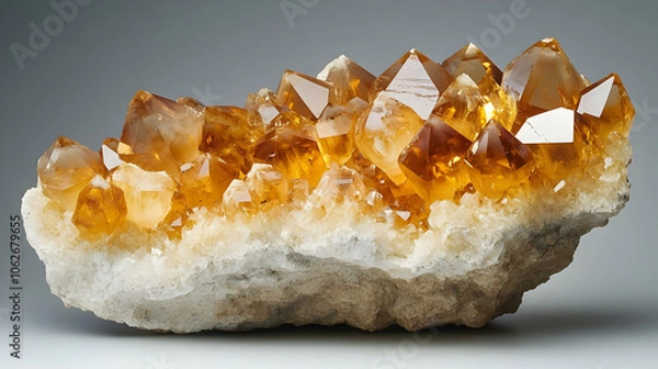 Fototapeta A detailed close-up of a cluster of citrine crystals with varying shades of warm yellow and orange. The crystals exhibit sharp points and a reflective surface, growing on a matrix.
