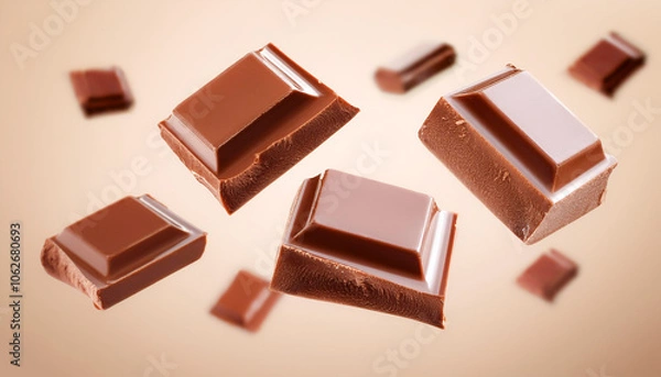 Fototapeta Milk chocolate pieces floating or flying isolated on biege background