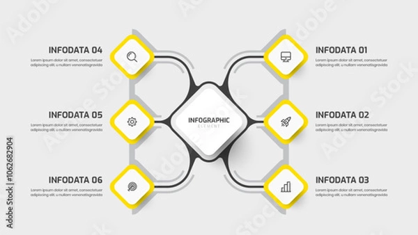 Fototapeta Flowchart Infographic with 6 Rhombus Label Connected to Main Rhombus. Suitable for Process Diagram, Presentations, Workflow Layout, Banner, Flow Chart