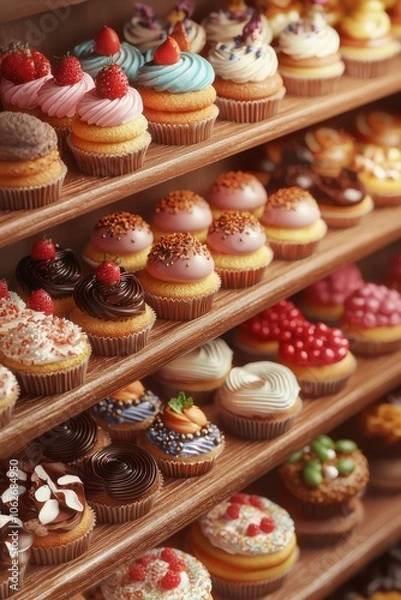 Fototapeta Artistic 3D render of freshly baked pastries displayed on a bakery rack.