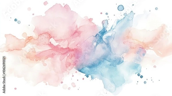 Fototapeta Soft splashes of pastel watercolors in shades of pink, blue, and peach, forming a delicate abstract design for a minimalistic cover, with gentle, flowing transitions.