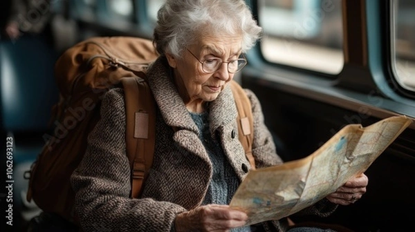 Fototapeta An elderly woman sits on a train with a backpack, focused intently on reading a map as she manages her travel plans, representing wisdom and adventure.