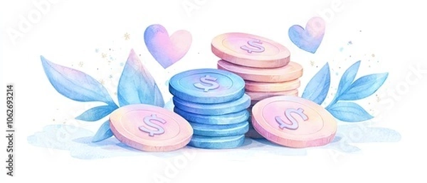 Fototapeta Colorful coins with leaves and hearts on a white isolated background.