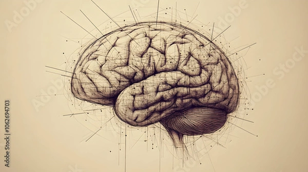 Fototapeta Detailed sketch of a human brain with radiating lines.