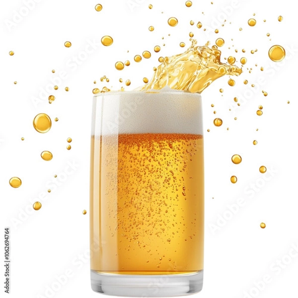 Fototapeta A refreshing glass of golden beer with bubbles and foam, splashing upwards against a transparent background.
