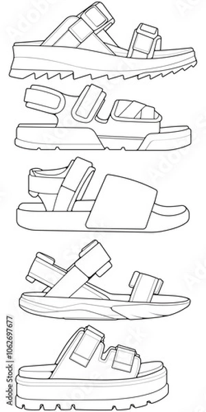 Fototapeta set of outline strap sandals. strap sandals outline drawing vector, strap sandals drawn in a sketch style, strap sandals trainers template outline.