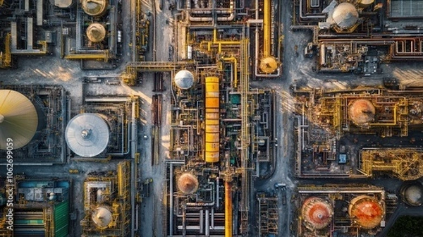 Fototapeta An aerial view of a complex industrial facility with numerous interconnected tanks, pipes, and structures.