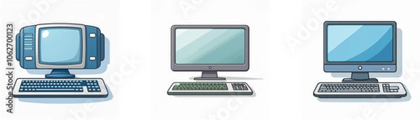 Fototapeta Three cartoon computers with keyboards on white background.