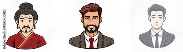 Fototapeta Three illustrated male avatars.  The first is wearing a red and gold robe, the second is wearing a suit, and the third is wearing a gray suit.