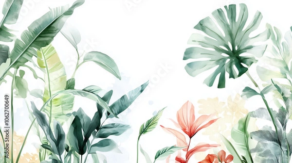 Obraz 南国の葉と鮮やかな植物のボタニカルデザイン モンステラとバナナリーフ 背景白