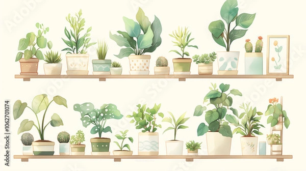 Obraz シンプルな棚に並ぶ観葉植物と多肉植物 インテリアグリーン 背景白 おしゃれな植物ディスプレイ