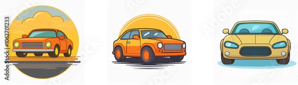 Fototapeta Three cartoon cars, each with a different color scheme, are depicted against a white background.  The cars have a sunset or sunrise behind them.