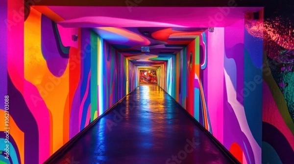 Fototapeta A colorful and abstract hallway with bright, vibrant colors painted on the walls. The hallway appears to be lit by neon lights that create a glowing effect.