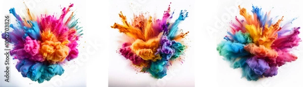 Fototapeta Three colorful powder explosions on a white background.