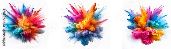 Fototapeta Three colorful powder explosions on a white background.