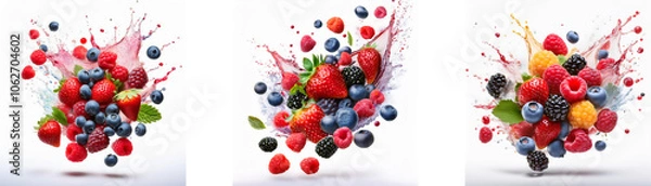 Fototapeta A collage of three images each featuring a variety of fresh berries and fruits, with a splash of juice.