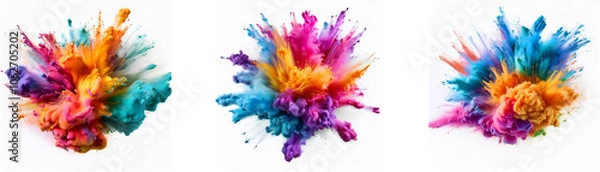 Fototapeta Three colorful powder explosions on a white background.