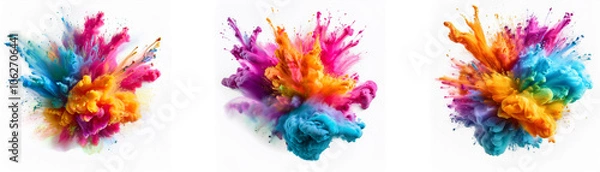 Fototapeta Three colorful powder explosions on a white background.