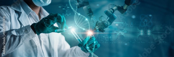 Obraz Scientists are experimenting and research with molecule model, DNA, Human Biology, analyzing data DNA gene transfer and gene therapy, Genetic research, Science with molecules and atoms, Biotechnology