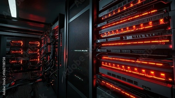 Obraz Network server room with glowing firewall symbols. secure data systems.
