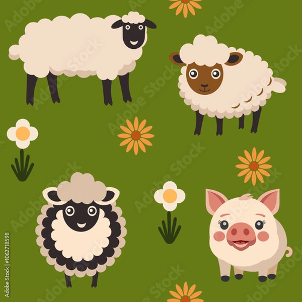 Fototapeta Sheep and pig seamless pattern