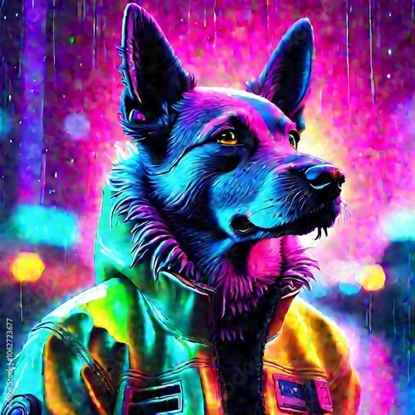 Obraz  The image depicts a colorful and vibrant digital artwork of a dog wearing a raincoat, standing in a rain-soaked urban setting at night.